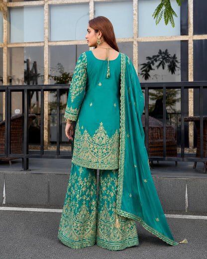 Women Embroidered Chinon Silk Kurta with Palazzo & Dupatta