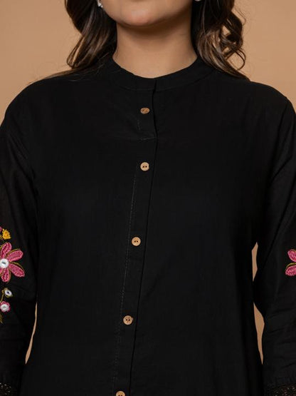 Women Floral Embroidered Pure Cotton Black Tunic with Trousers