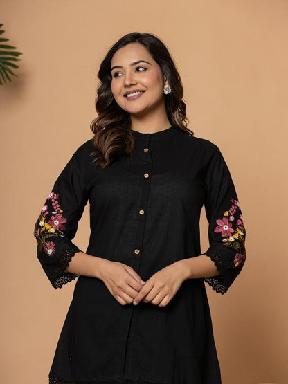Women Floral Embroidered Pure Cotton Black Tunic with Trousers
