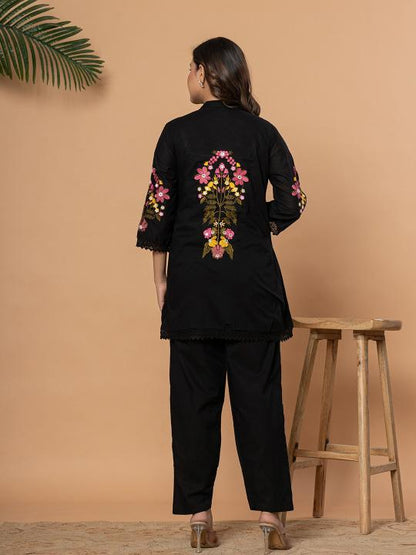 Women Floral Embroidered Pure Cotton Black Tunic with Trousers