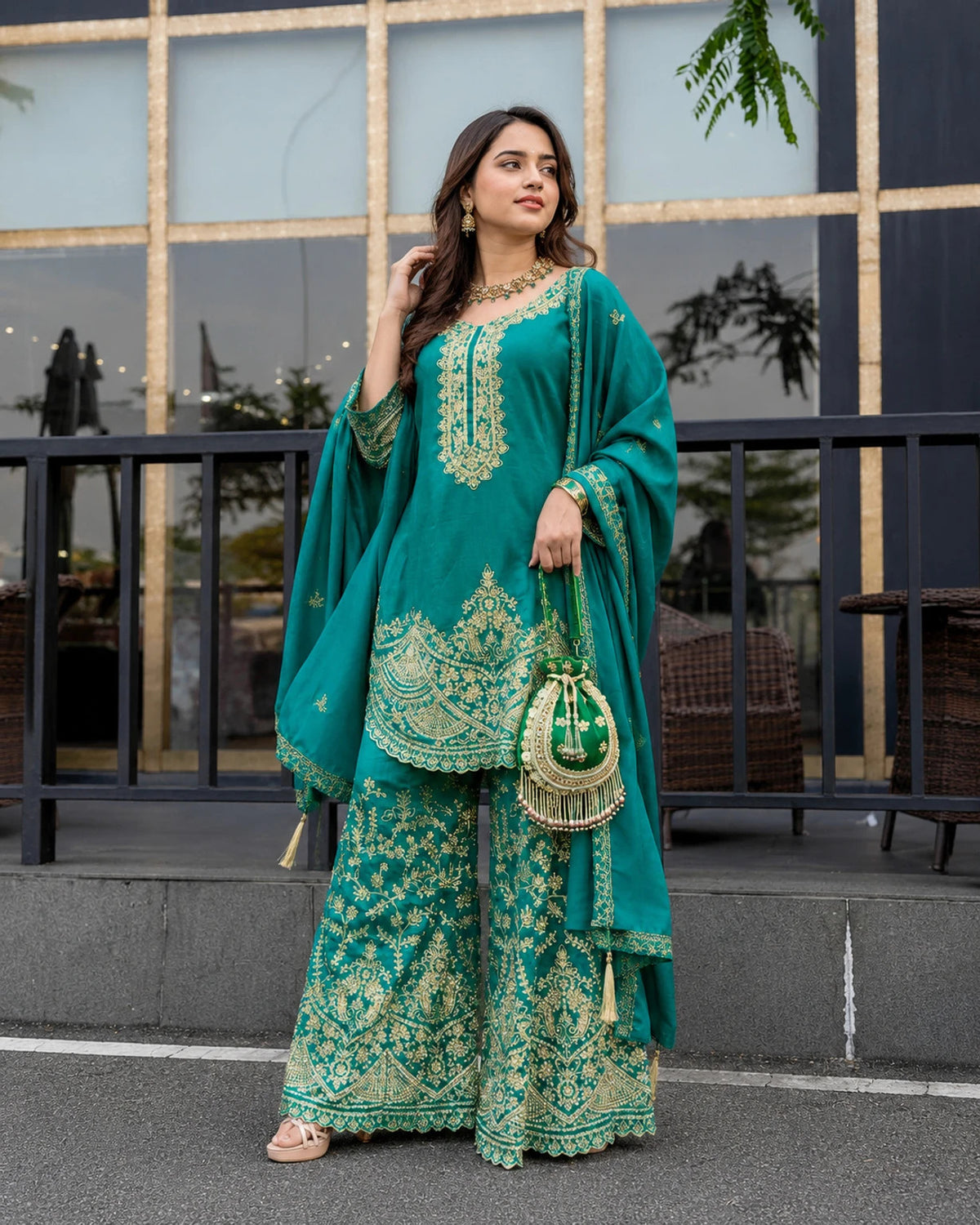 Women Embroidered Chinon Silk Kurta with Palazzo & Dupatta