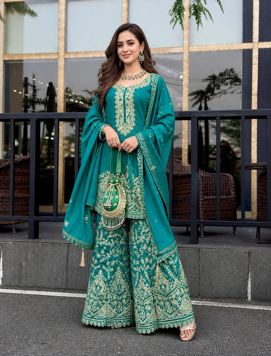 Women Embroidered Chinon Silk Kurta with Palazzo & Dupatta